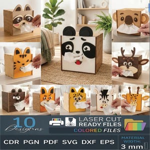 Puede incluir: Una colección de diez diseños de cajas de pañuelos cortados con láser, cada uno con una cara de animal diferente. Las cajas de madera incluyen un mapache, un panda, un tigre, un koala, un ciervo, un oso, un zorro, un leopardo, una cebra y una jirafa. También incluye el texto "LASER CUT READY FILES COLORED FILES".