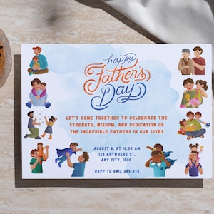 Vatertag Einladung Vorlage | Bearbeitbare Canva Download | Niedliche illustrierte Karte für Papas Party | Einfache DIY einladen