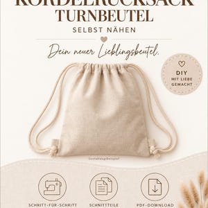 Op de afbeelding: Een beige rugzak met trekkoord en bijpassende koorden. De tekst luidt: SCHNITTMUSTER KORDELRUCKSACK TURNBEUTEL SELBST NÄHEN, Dein neuer Lieblingsbeutel, DIY MIT LIEBE GEMACHT, SCHRITT-FÜR-SCHRITT NÄHANLEITUNG, SCHNITTTEILE IN ORIGINALGRÖSSE, PDF-DOWNLOAD, fredo.