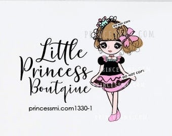 May include: A premade logo design featuring the text Little Princess Boutique and princessmi.com1330-1 next to a cartoon illustration of a character with brown hair, a pink bow, and a black and pink dress. The text Premade Logo Design is at the top.