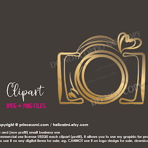 May include: Gold camera clipart with a heart detail. JPEG and PNG files included. Copyright @ princessmi.com / helloaimi.etsy.com. Personal use and (non profit) small business use. ADD ON: Commercial use license £16 each clipart (profit), it allows you to use my graphic for profit on your physical items (NOT allow to use it on any digital items for sale, eg. CANNOT use it on logo design for sale, download/printable items for sale).
