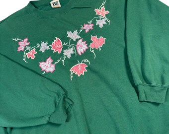 VTG Women 20W/ XL Green Fall Leaf Embroidered Sweatshirt Pullover Cottage Granny