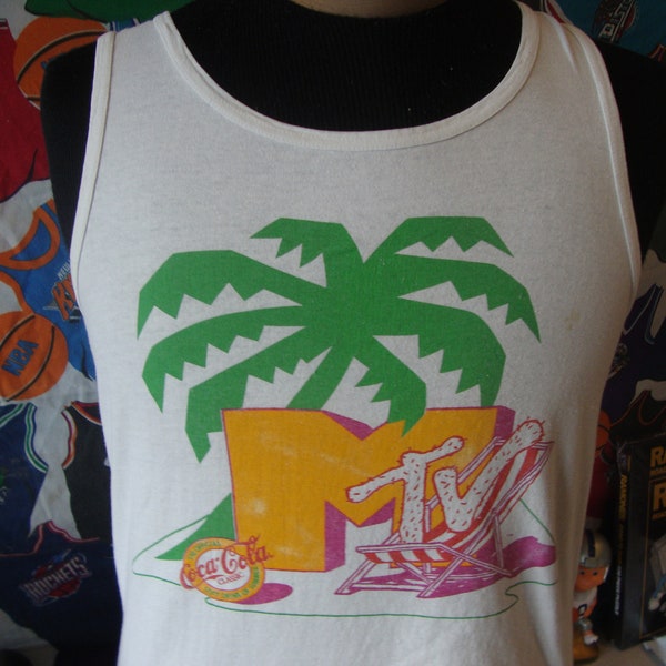 Vintage 80's MTV Music Television Coca Cola Original Beach Club T Shirt Tank Top Size S