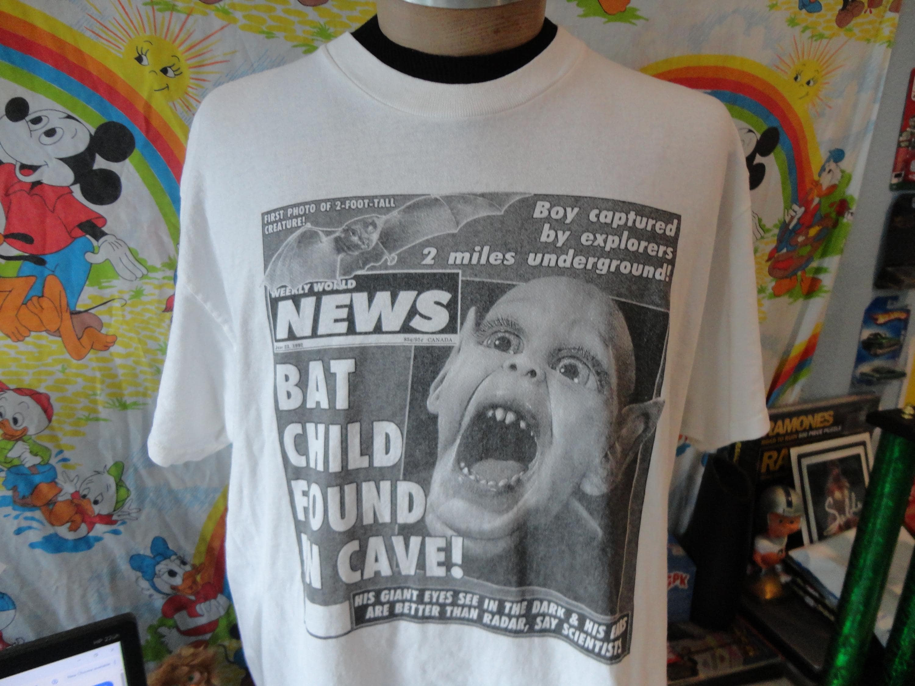 Vintage 90's Bat Boy Shirt Bat Child Found in Cave Weekly World