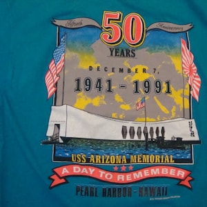 Vintage 90&#39;s  USS Arizona Memorial 50 Year Anniversary 91 Military Blue T Shirt Size XL