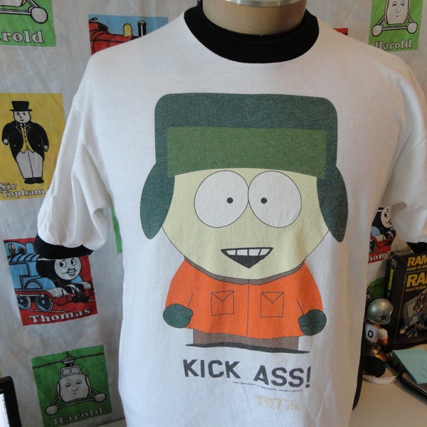 Vintage 90s South Park Kick Ass 1997 Kyle white tee ringer t-shirt Size L