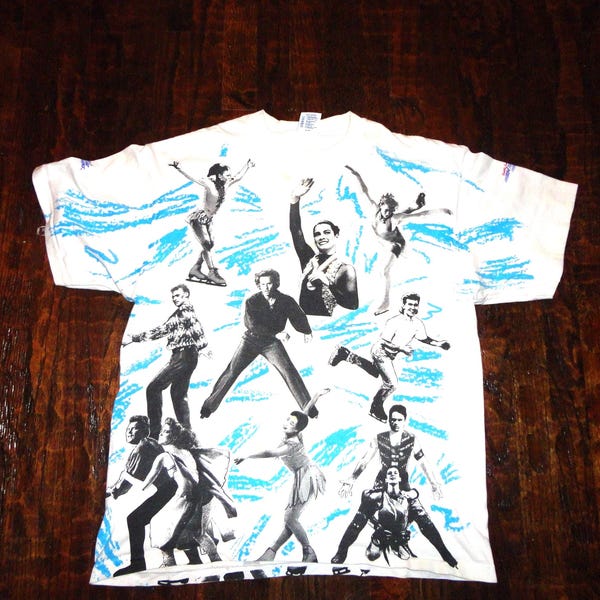 Vintage 90's USA Olympics Figure Ice Skating Nancy Kerrigan Tonya Harding All Over Print Campbell's  Soup Tour 1994 Tee AOP T Shirt XL
