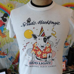 Vintage 80&#39;s Spuds Mackenzie Dog Skateboard the Original Party Animal Budweiser Bud Light Beer Party tee white T shirt M
