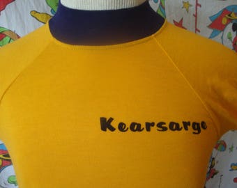 Vintage 80's Kearsarge Made in the USA Champion Blue Bar Tag gold navy blue ringer 100% Cotton T Shirt Adult Sz XS