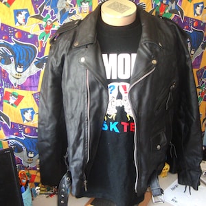 Vintage zwart leer motorfiets biker punk rock Ramones-stijl echte jas, maat 40 l