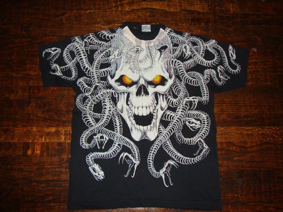 Vintage 90s Liquid Blue Medusa Skull Snake All Over Print T-shirt