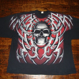 Vintage Vintage Liquid Blue SKULL All Over Print AOP 1998 Tee Black T Shirt Size 4XL
