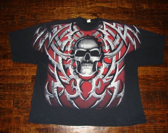 Camiseta vintage azul líquido con estampado completo de calavera AOP 1998, negra, talla 4XL