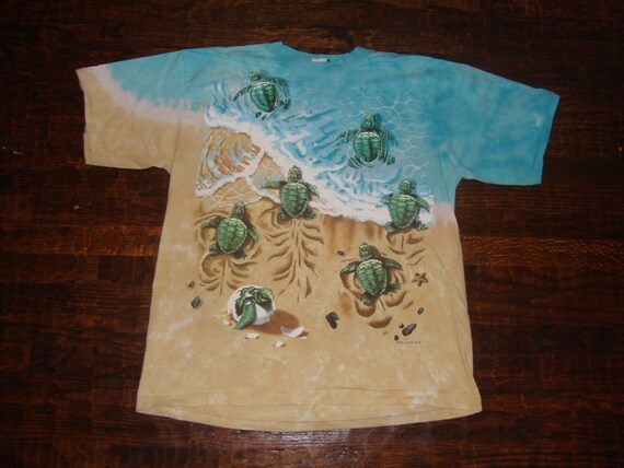 Vintage 90's Sea Turtles Liquid Blue Tie Dye 1996… - image 1