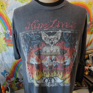 Vintage 90&#39;s Aerosmith 9 Lives Concert Heavy Metal 1997 Tour Faded Black T Shirt Size XL