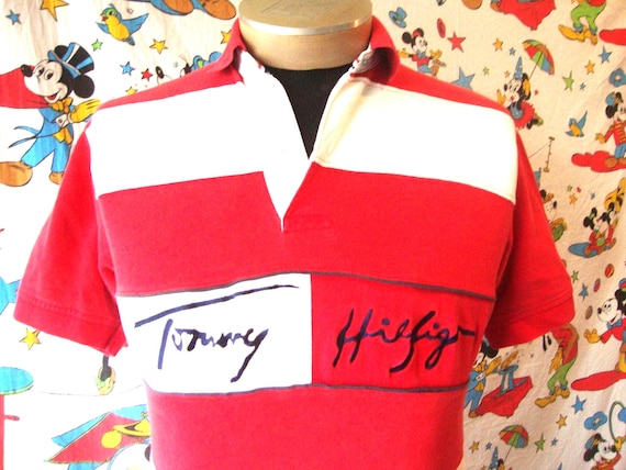 Tommy Hilfiger, TOMMY HILFIGER Vintage 90's Hip Hop Rap red white colorblock Stripe Polo Collar Shirt Men's Sz S