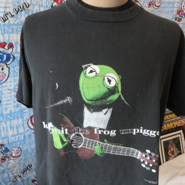 Vintage Kermit The Frog T Shirt Mens XL Black Unpigged Jim Henson Concert Tour 90s