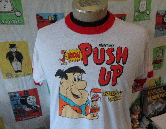 Vintage the Flintstones Push up Sherbet Treats Fred Flintstone Ringer T  Shirt M 