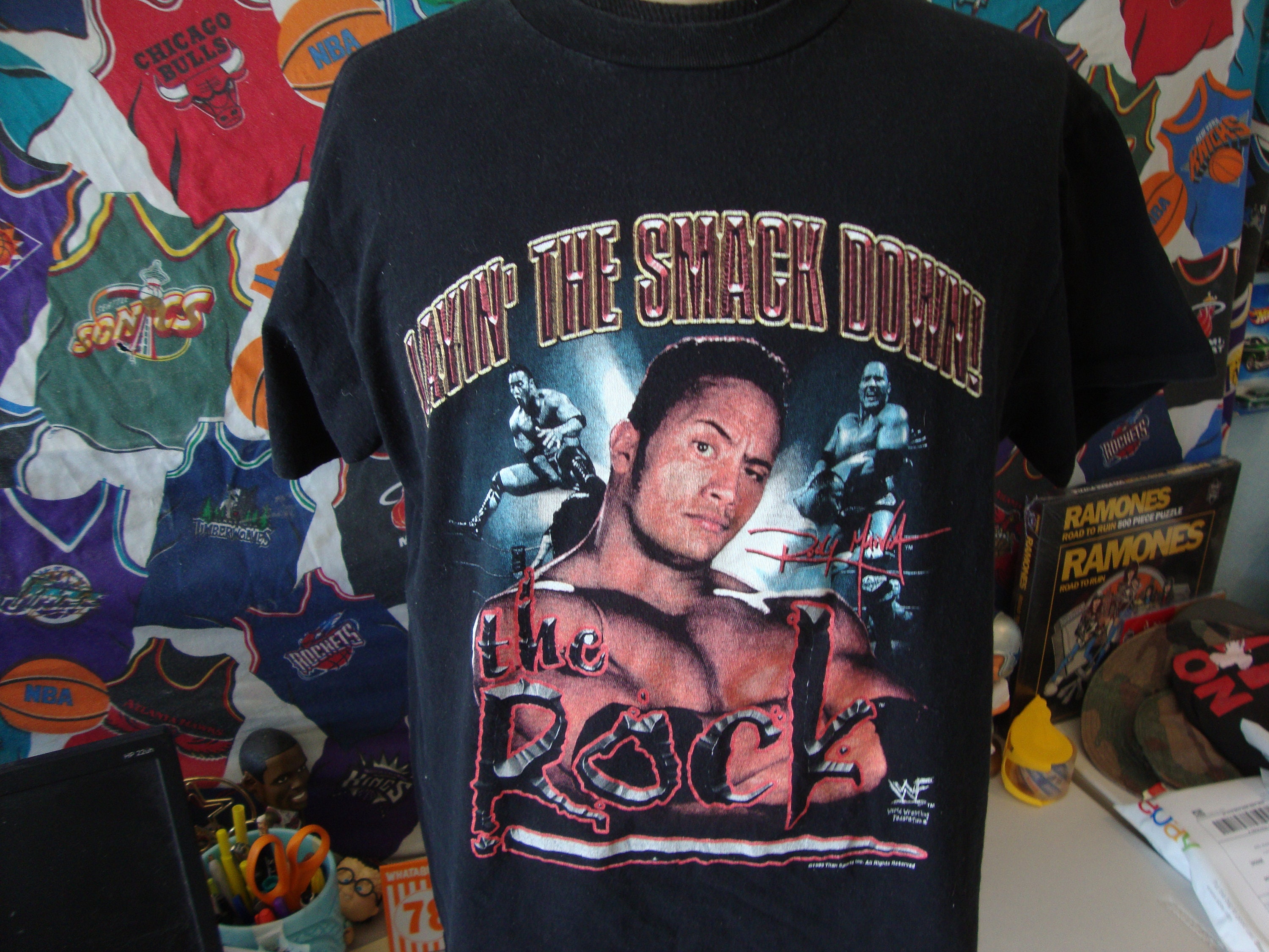 Vintage 90s' the Rock 1999 WWE WWF Wrestling Rap Tee Black T