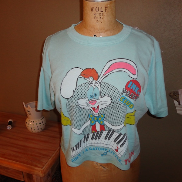 Vintage 80's Who Framed Roger Rabbit 1987 Walt Disney Movie Promo Soft Thin single stitch Crop Top T-Shirt Size L