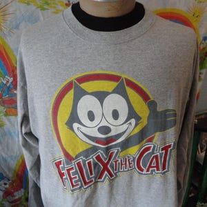Vintage Y2K Felix The Cat Cartoon grijs T-shirt met lange mouwen, maat XL
