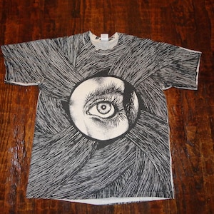 Vintage 90&#39;s Pushead The Kuro Line Eyeball All Over Print eye T Shirt XL