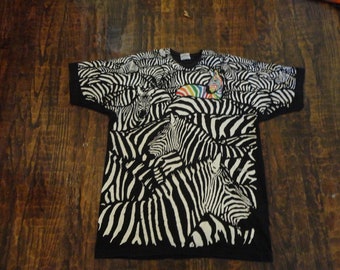 Vintage 90's Liquid Blue 1993 Greg Genrich Zebra Size XL Double Sided All Over Print T-Shirt