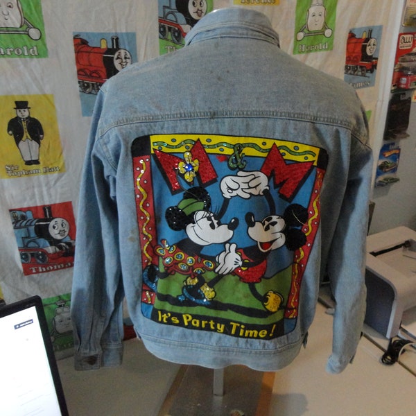 Vintage 90er Mickey and Minnie Mouse Walt Disney Mickey & Co BLING JeansJacke Erwachsene Größe L