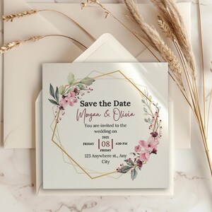 Convite de casamento elegante, branco e rosa, convite floral ilustrativo, cartão de casamento para impressão, modelo de convite editável para noiva