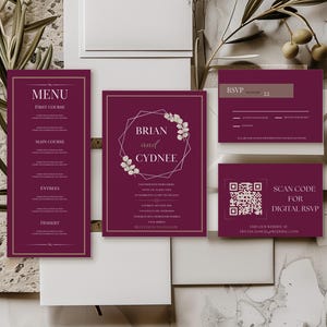 Burgundy Fall Wedding Invitation Suite, Minimalist Canva Template Set with QR Code RSVP, Printable & Editable Instant Download