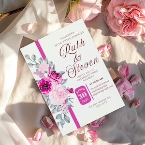 Dusty Rose Floral Wedding Invitation Canva Template | Editable Boho Blush Invite | Printable Digital Wedding Invite