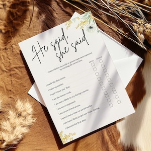 He Said She Said Wedding Game Printable – Bridal Shower & Bachelorette Party Quiz, Instant Download, Editable Canva Template, Couples Quiz