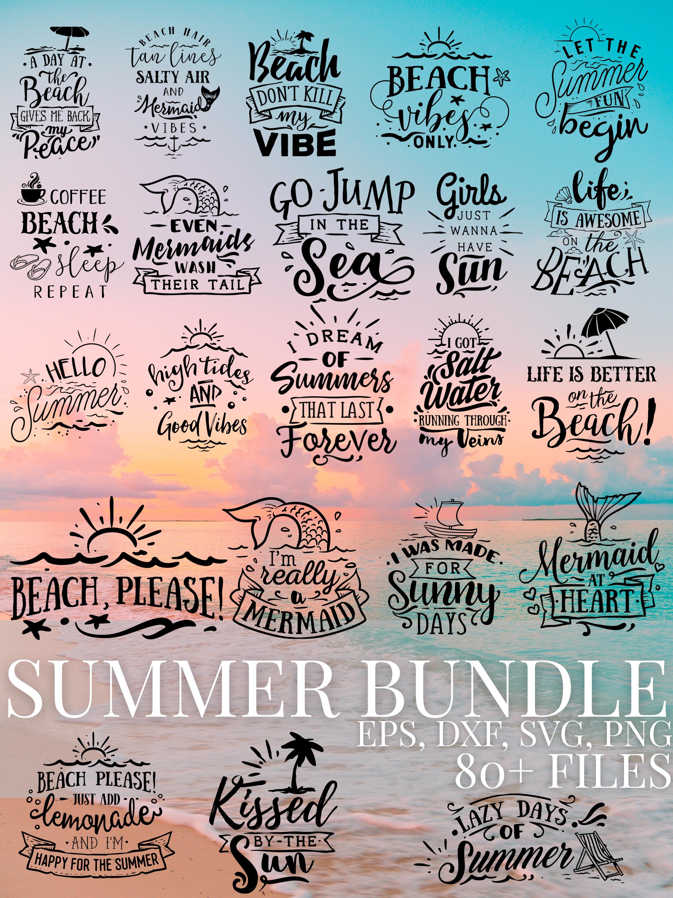 Summer SVG Bundle 80 Designs, Beach Ocean Coastal Cut Files, Palm Tree Wave Surf Svg Png Dxf Eps, Cricut Summer Quotes, Beach Life Clipart