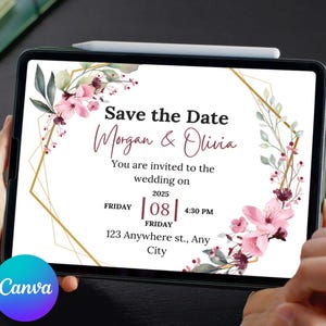Convite de casamento elegante, branco e rosa, convite floral ilustrativo, cartão de casamento para impressão, modelo de convite editável para noiva