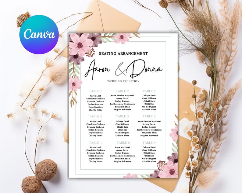 Wedding Seating Chart Canva Template | Printable Seating Chart | Blush ...