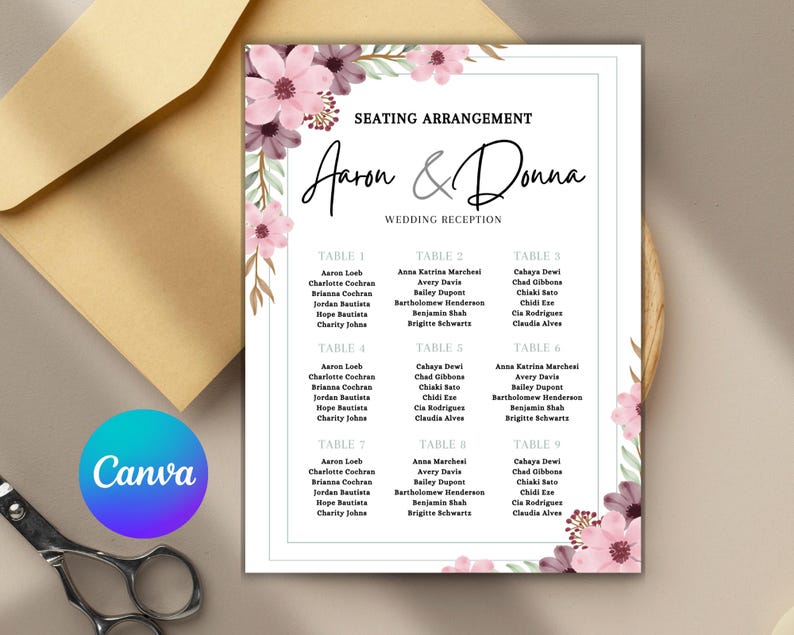 Wedding Seating Chart Canva Template | Printable Seating Chart | Blush ...