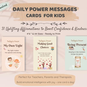 Tarjetas de Poder Diarias para Niños – Afirmaciones Positivas Imprimibles / Crecimiento Emocional / Tamaños 4x6” + A4 (PDF)