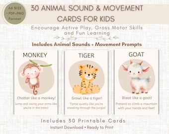 Animal Movement Cards for Kids, Gross Motor Skills Activity, Brain Break Cards, Sensory Play, Toddler Preschool Game Printable PDF