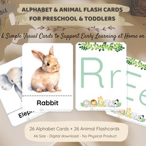 Tarjetas didácticas del alfabeto y animales, tarjetas imprimibles de la A a la Z para niños, actividad educativa preescolar, inspirada en Montessori, tamaño A6 PNG