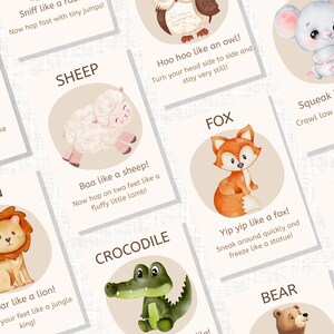 May include: A collection of illustrated animal cards with watercolor-style images. Each card features a different animal, such as a sheep, fox, and lion, along with an action prompt. The cards are designed with a soft, neutral color palette.