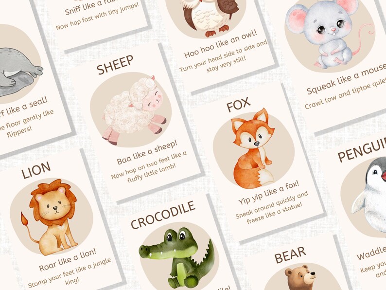May include: A collection of illustrated animal cards with watercolor-style images. Each card features a different animal, such as a sheep, fox, and lion, along with an action prompt. The cards are designed with a soft, neutral color palette.