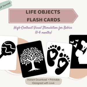 Flashcards de objetos do cotidiano – Cartões de aprendizagem para bebês em preto e branco, de alto contraste, para impressão A5 – Estimulação visual infantil – Download digital