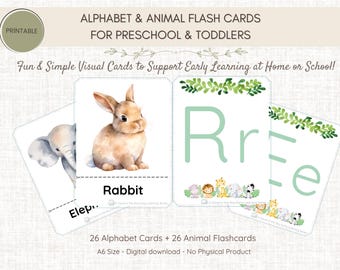 Animal Alphabet Flashcards: A-Z Printable Cards (A6 PNG Digital Download)