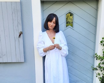 GIOIA Dress / Linen Dress with long puff sleeves / Wrap Linen Dress