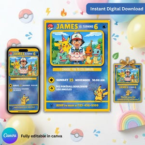 Bewerkbare Pokemon-uitnodiging, Pokemon-verjaardagsuitnodiging, Pikachu-verjaardagsuitnodigingen, sjabloon voor digitale verjaardagsfeestje