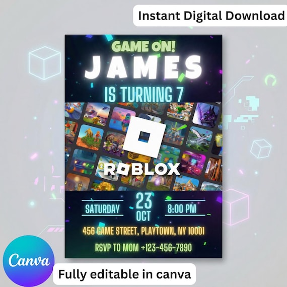 Editable Roblox Birthday Invitation Template, Game Party Invite for Boys, Kids Gaming Theme, Roblox Boys, Canva Template, Instant Download