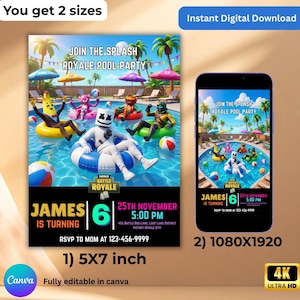 Puede incluir: Invitación digital para una fiesta en la piscina con el texto "Join the Splash Royale Pool Party". La invitación presenta personajes de dibujos animados en una piscina. Disponible en dos tamaños: 12,7 x 17,8 cm y 1080x1920 píxeles.