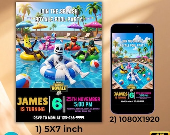 Fort Game Birthday Invitation, Fort Night Pool Party Birthday, Game Party Invite, Video Game Birthday Invite, Pool party Invitation