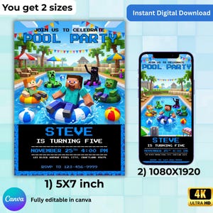 Peut inclure: Invitation numérique pour une fête à la piscine sur le thème Minecraft. L'invitation présente des personnages pixélisés dans une piscine, avec le texte "Join us to celebrate Pool Party" et "Steve is turning five".