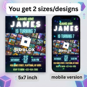 Op de afbeelding: Een verjaardagsuitnodiging met de tekst "GAME ON! JAMES IS TURNING 7" met een Roblox-thema. De uitnodiging bevat de datum, tijd en locatie. Beschikbaar in 5x7 inch en mobiele versies.